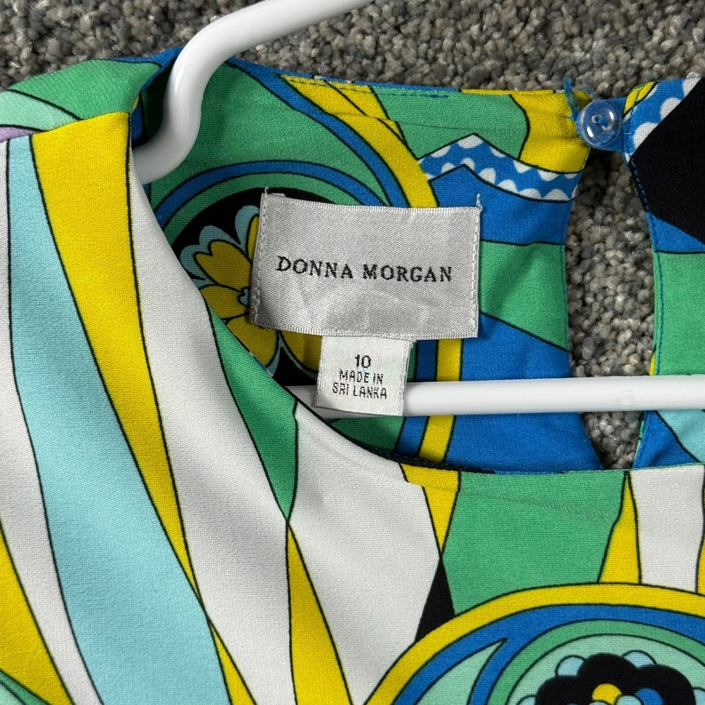 Donna Morgan Womens Blue Yellow Psychedelic Print Jersey Shift Dress Size 10 - Picture 2 of 14